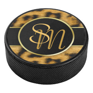 Elegant Leopard Print Monogram Script Hockey Puck