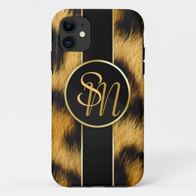 Elegant Leopard Print Monogram Script iPhone Case (Back)