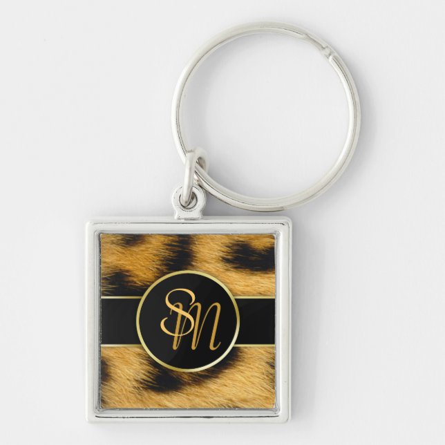 Elegant Leopard Print Monogram Script - Keychain (Front)