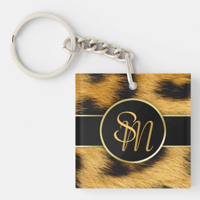 Elegant Leopard Print Monogram Script - Keychain (Front)