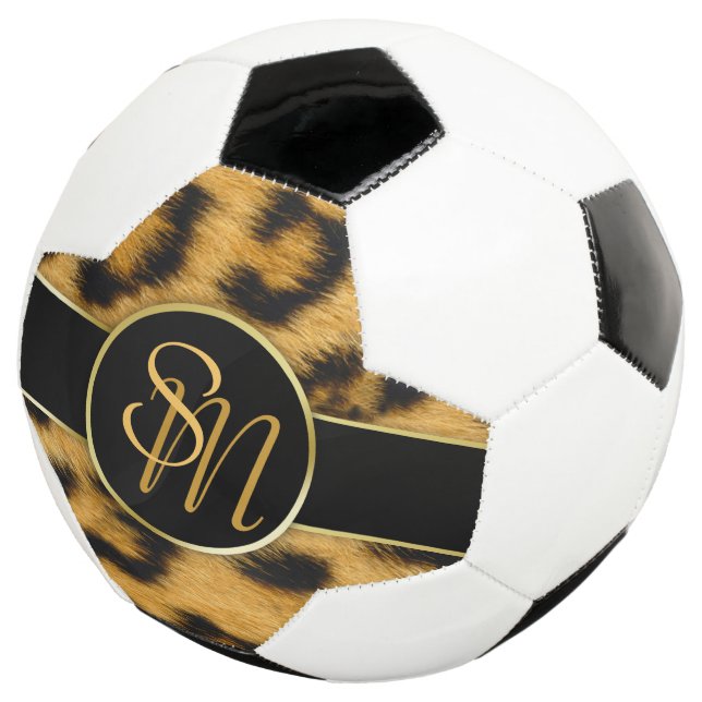 Elegant Leopard Print Monogram Script Soccer Ball (Three Quarter)