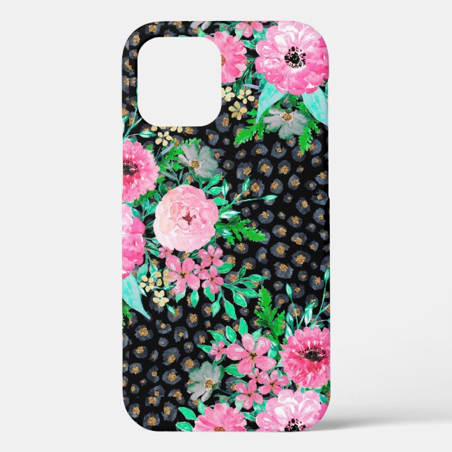 Elegant Leopard Print & Pink Floral Black design Case-Mate iPhone Case (Back)