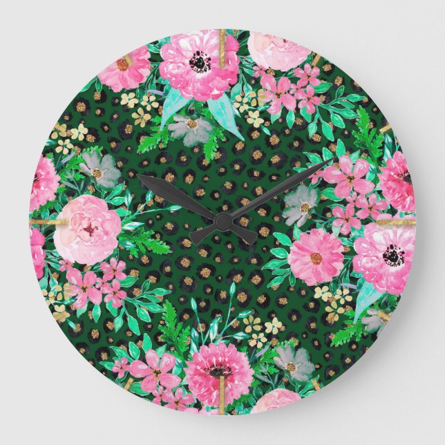 Elegant Leopard Print Pink Floral Green Design Large Clock (Front)