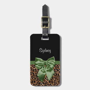 Elegant Leopard Print Stylish Green Bow and Name Luggage Tag
