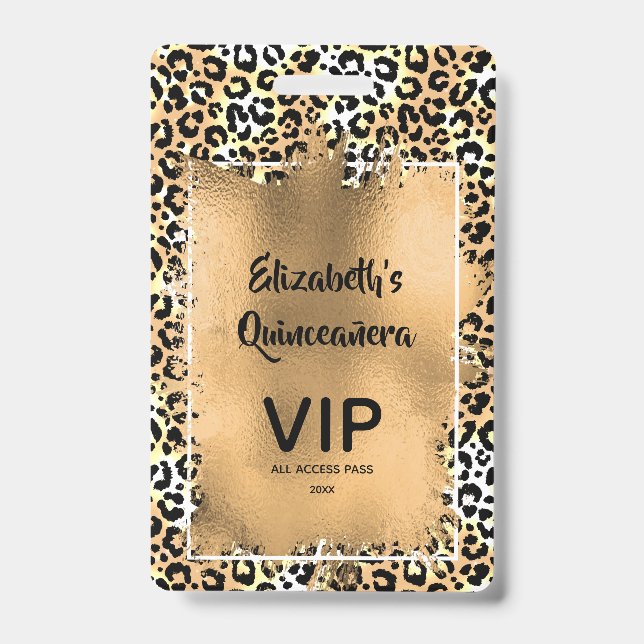 Elegant Leopard Quinceañera Invite VIP Pass Badge (Front)