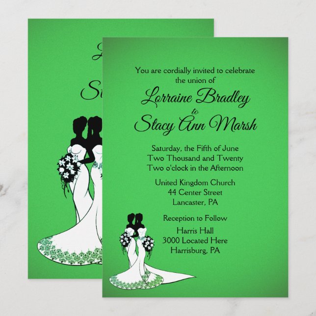 Élégant Lesbian Faire-part de mariage Green (Devant / Derrière)