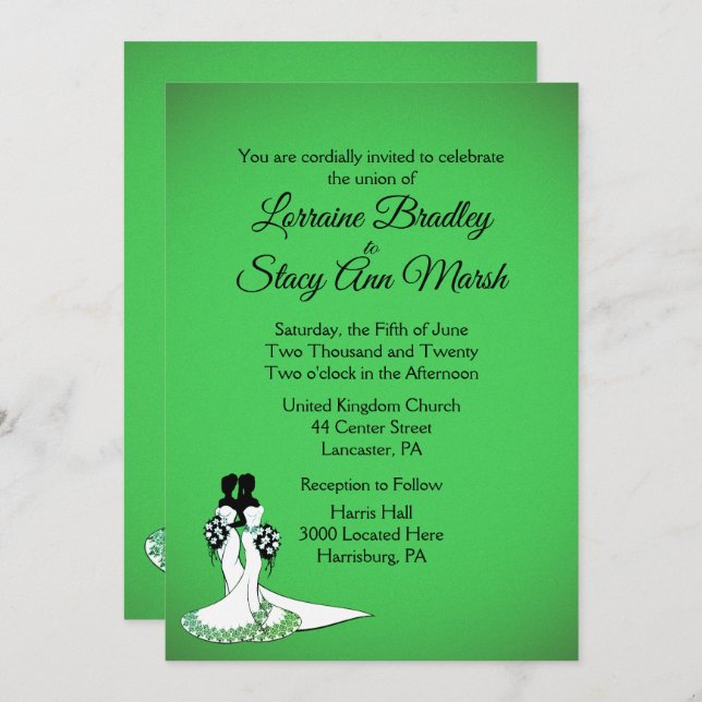 Elegant Lesbian Wedding Invitation Green (Front/Back)