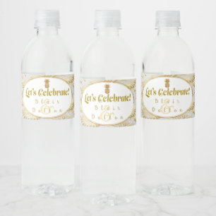 Elegant "Let's Celebrate"  Monstera Wedding  Water Bottle Label