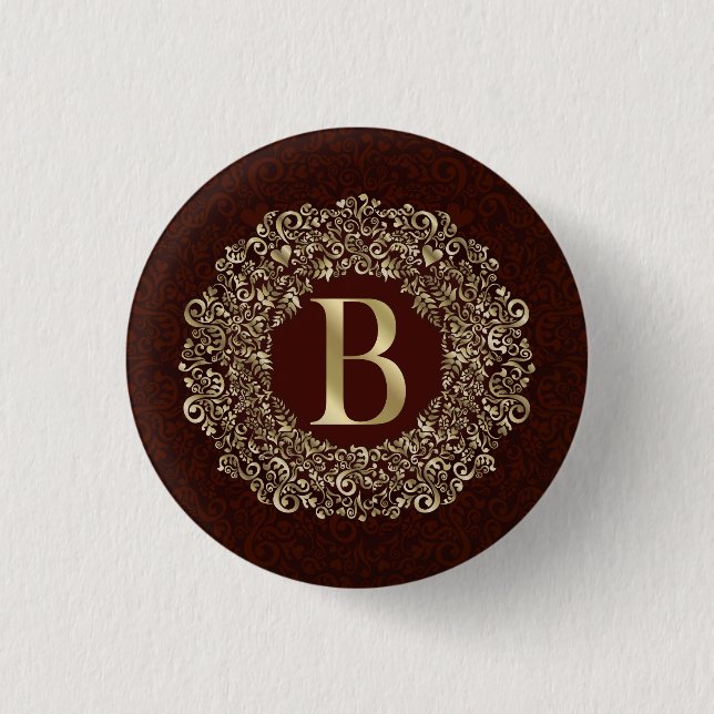 Elegant Letter B gold and Red Damask Monogram  1 Inch Round Button (Front)