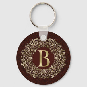 Elegant Letter B gold and Red Damask Monogram Keychain