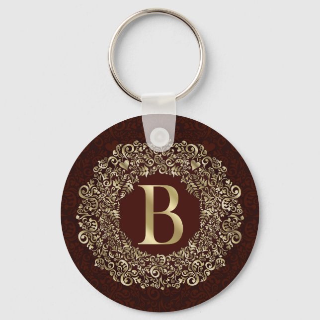 Elegant Letter B gold and Red Damask Monogram  Keychain (Front)