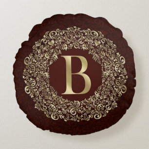 Elegant Letter B gold and Red Damask Monogram Round Pillow