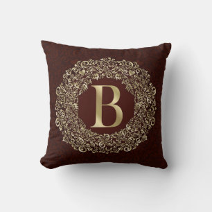 Elegant Letter B gold and Red Damask Monogram Throw Pillow