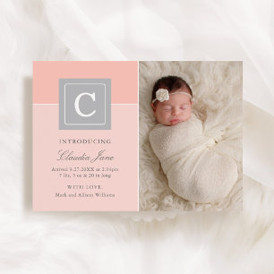 Elegant Letter Block Baby Girl Photo Blush Birth Announcement