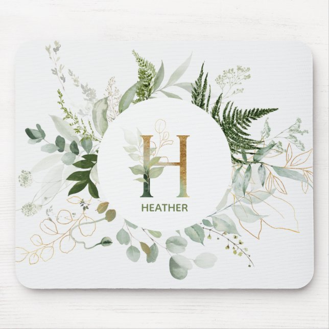 Elegant Letter H Greenery Wreath Mouse Pad (Front)