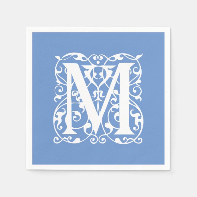 Elegant Letter M Blue and White Classic Monogram Napkin (Front)