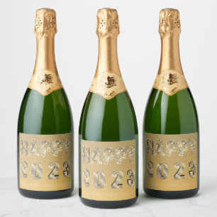 Elegant Lettering Golden Stars Happy New Year 2023 Sparkling Wine Label