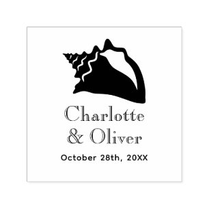 Elegant Lg Conch Seashell Couple Names Date Monogr Self-inking Stamp