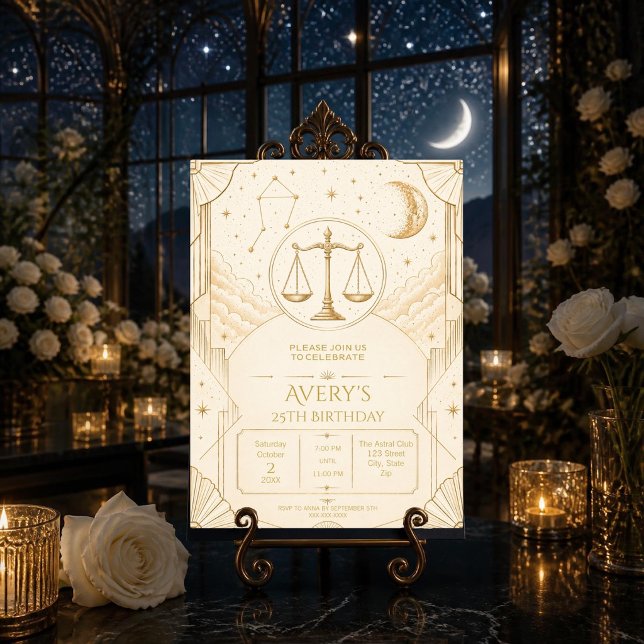 Elegant Libra 25th Birthday Invitation | Celestial (Elegant Libra 25th birthday invitation with celestial stars, gold scales and Art Deco style.)