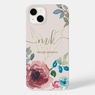 Elegant Light Beige Botanical Roses Monogram Name Case-Mate iPhone 14 Plus Case
