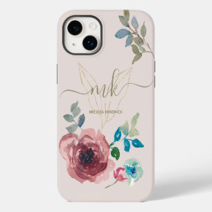 Elegant Light Beige Botanical Roses Monogram Name iPhone 14 Plus Case