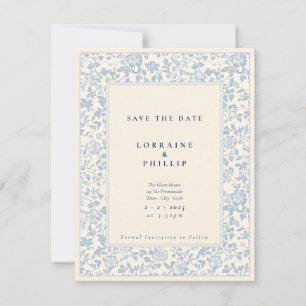Elegant light blue and cream floral vintage custom save the date