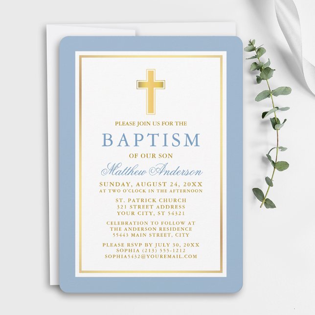 Elegant Light Blue and Gold Baptism Invitation (Customize to change text color, size, style or to change color of back of card.)
