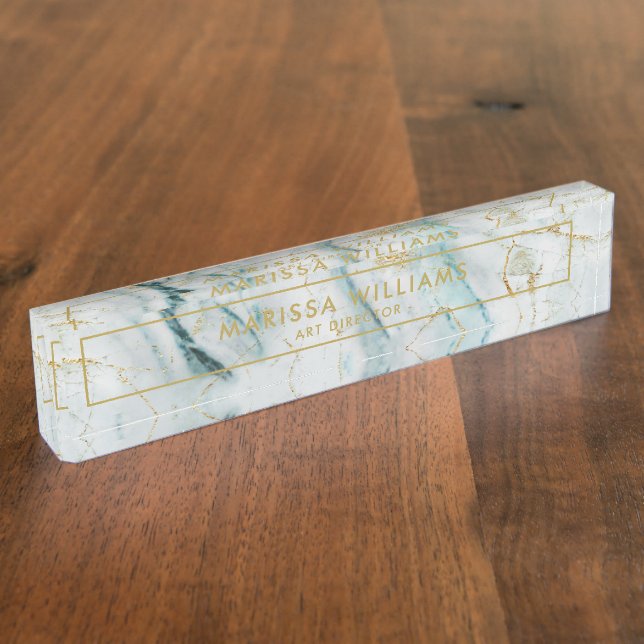 Elegant Light Blue and Gold Marble Texture Nameplate (Side)