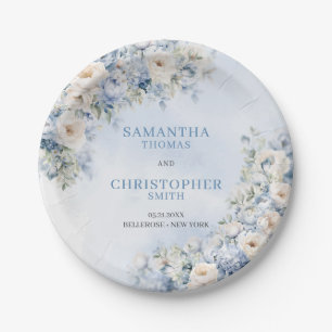 Elegant light Blue and white Flowers eucalyptus Paper Plate