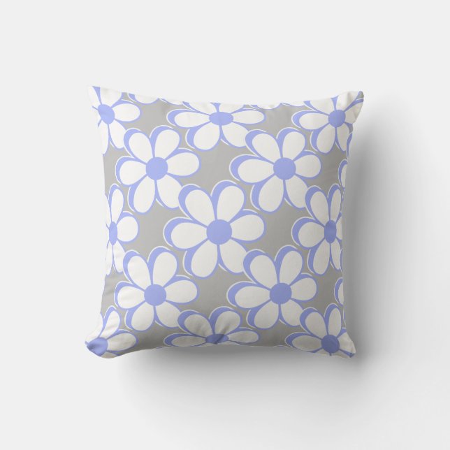 Elegant Light Blue and White Flowers on Light Grey Throw Pillow (Front)