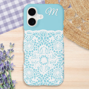 Elegant Light Blue and White Lace Monogrammed