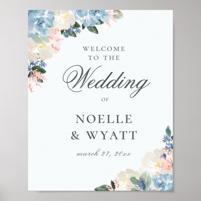 Elegant Light Blue Botanical Wedding Welcome Poster (Front)