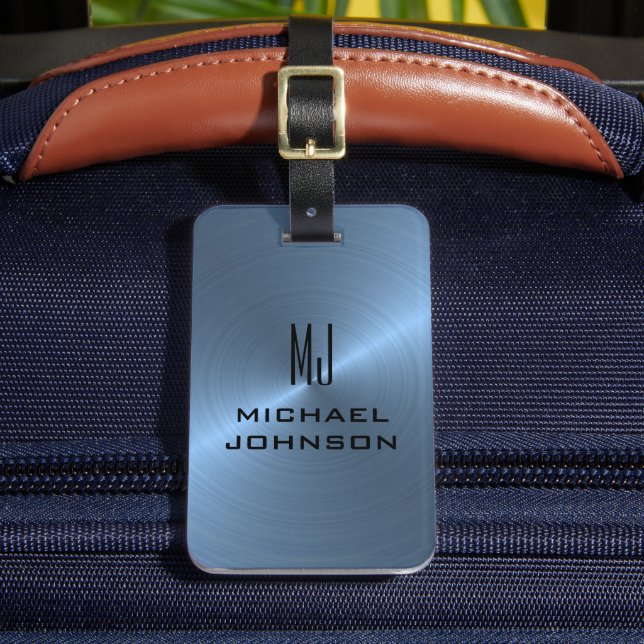 Elegant Light Blue Brushed Metallic Monogrammed  Luggage Tag (Front Insitu 2)