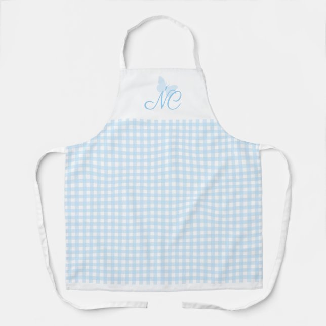 Elegant Light Blue Butterfly Monogram Gingham Apron (Front)