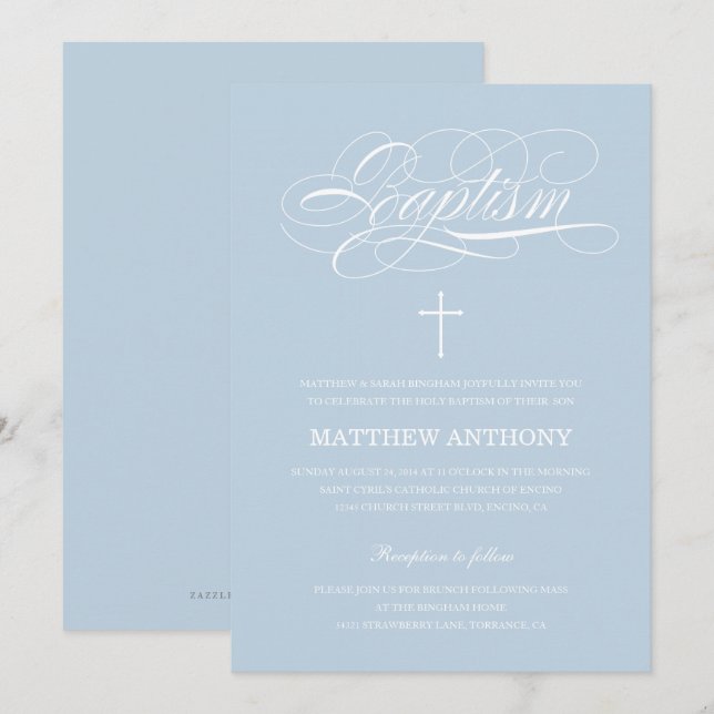 Elegant Light Blue Calligraphy Baptism Invitation (Front/Back)