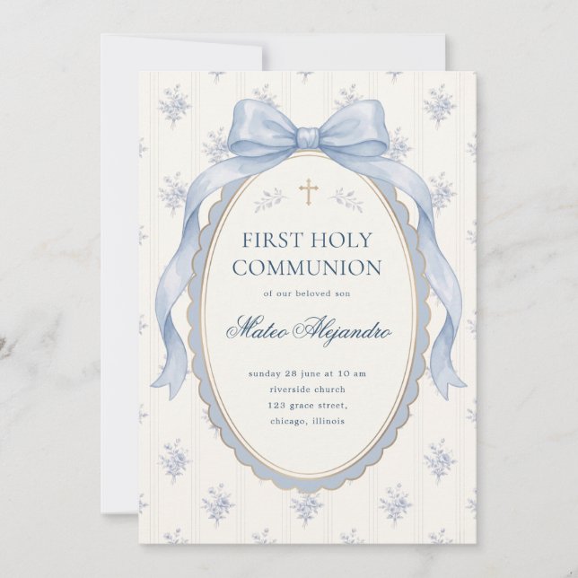 Elegant Light Blue Coquette Bow Floral First Holy  Invitation (Front)