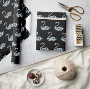 Elegant Light Blue Diamond Swan & Black Background Wrapping Paper