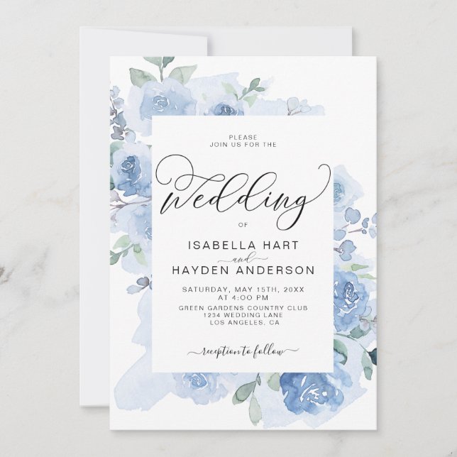 Elegant Light Blue Dusty Floral Botanical Wedding Invitation (Front)
