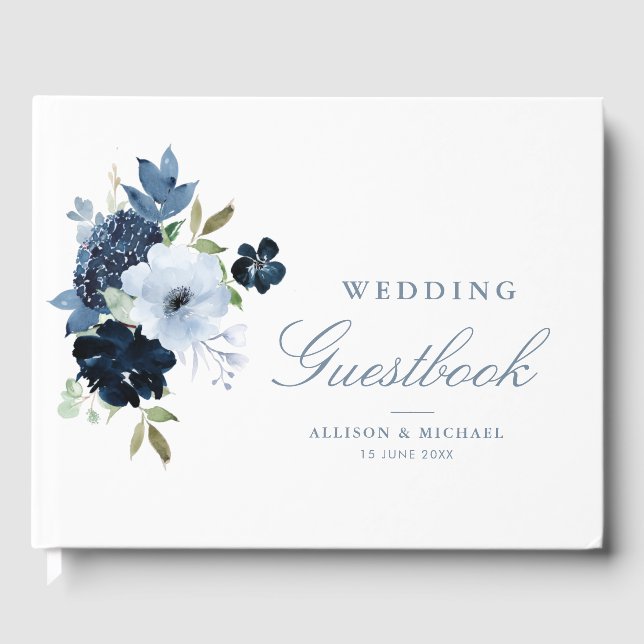 Elegant light blue floral navy wedding guestbook (Front)