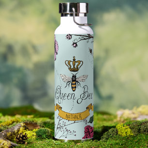 Elegant Light Blue Floral Queen Bee Personalized Water Bottle