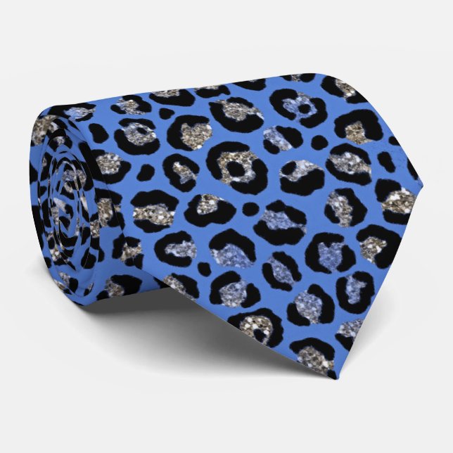Elegant Light Blue Glitter Leopard Animal Print Tie (Rolled)