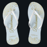 Elegant Light Blue & Gold Lacy Bridesmaid Wedding Flip Flops<br><div class="desc">These elegant wedding flip flops are a great way to thank and recognize your bridesmaids, while giving their feet a rest after a long day. The beautiful design features an elegant design with lacy golden frills on a pale powder blue coloured background and fancy gold coloured script lettering. The text...</div>