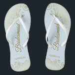 Elegant Light Blue & Gold Lacy Bridesmaid Wedding Flip Flops<br><div class="desc">These elegant wedding flip flops are a great way to thank and recognize your bridesmaids, while giving their feet a rest after a long day. The beautiful design features an elegant design with lacy golden frills on a pale powder blue coloured background and fancy gold coloured script lettering. The text...</div>