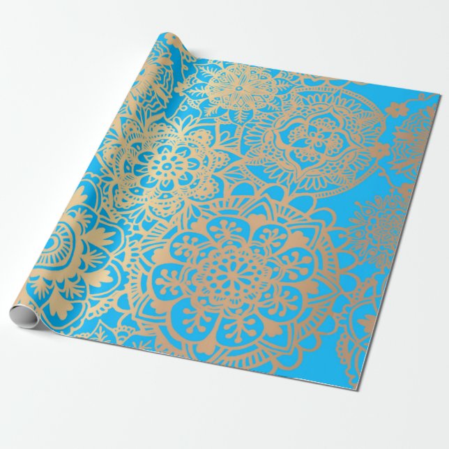 Elegant Light Blue Gold Mandala Pattern Wrapping Paper (Unrolled)