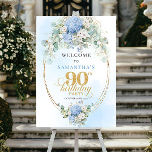 Elegant Light Blue Hydrangeas 90 Birthday Welcome Poster