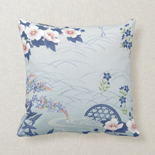 Elegant Light Blue Japanese Flower Garden Throw Pillow