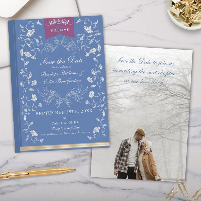 Elegant Light Blue Library Wedding Save the Date Invitation (Elegant Periwinkle Light Blue Vintage Library Book Cover Theme Wedding Save the Date Invitation)