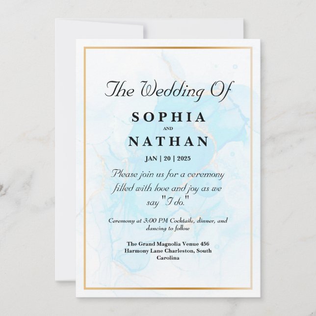 Elegant Light Blue Marble Wedding Invitation  (Front)