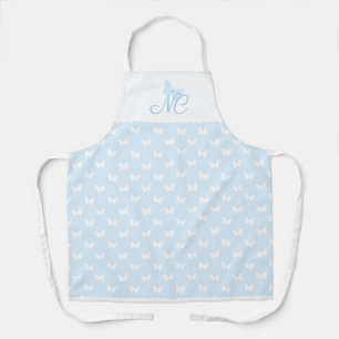 Elegant Light Blue Monogram Butterfly Pattern Apron