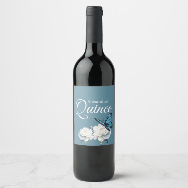 Elegant Light Blue Quinceañera - Butterfly Custom Wine Label (Front)